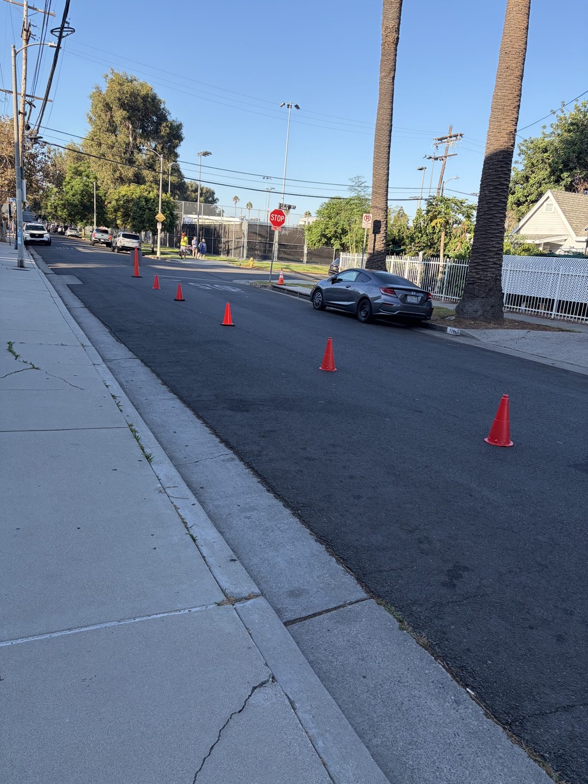 Orange cones spaced along the street forming a drop-off lane beside the curb